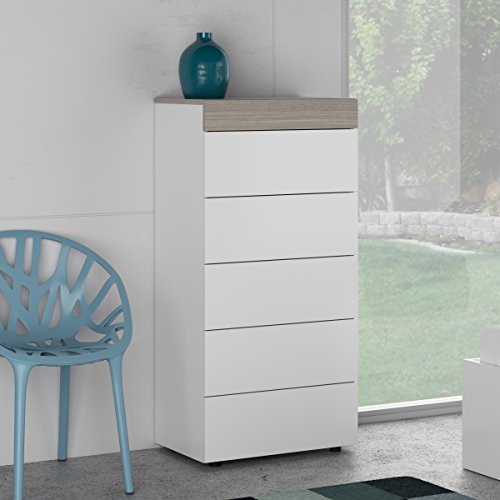 Habitdesign 0B7836BO - Cómoda chinfonier 5 cajones, acabado en Blanco Brillo y Fresno, medidas: 61x118x40 cm de fondo