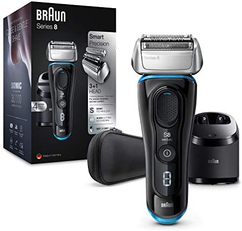 Braun Series 8 8385cc Rasoio Elettrico Barba, Ricaricabile E Senza Fili, Nero, Base Di Ricarica E Custodia Da Viaggio In Tessuto, Wet&Dry, Rasoio A Lamina, Batteria Li-Ion