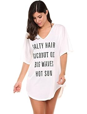Meaneor Damen Longshirt Bluse Sommer T-Shirt Bikini Cover Up Minikleid mit Print V-Ausschnitt Beach Top Strandkleid