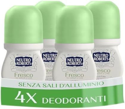 Neutro Roberts, Deodorante Roll On Fresco Verde, Té Verde e Lime, Zero Sali di Alluminio, Zero Macchie, Con Puro Olio di Glicerina, Deo Uomo e Donna, Plastica 100% riciclata, 48h - 4 Pezzi da 50 ml
