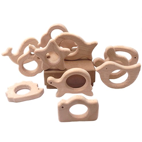 Coskiss 11pcs Organischer Baby-Zettel-hölzerner Teether Natürliches Zahnen-Greifen-Spielzeug-Baby-Dusche-Geschenk-Kleinkind-Zettel Neugeborenes Baby-Geschenk (Holzfarbe-11PCS) - 2