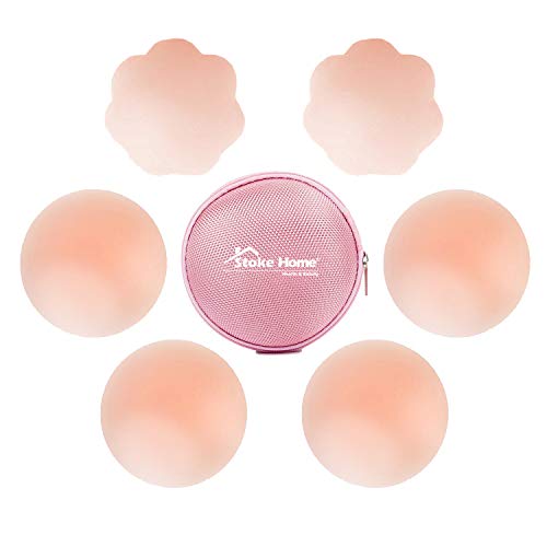 Stoke Home Pezoneras Adhesivas Invisibles de Silicona | Cubrepezones Lavables, Reutilizables y Menos Gruesos (Pezoneras Adhesivas 6cm (2 Pares Redondos + 1 Par Pétalo))