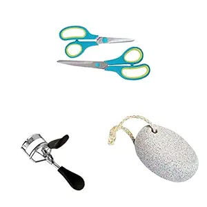 Vega Scissor Set (Color May Vary) & Vega Premium Eye Lash Curler & Vega Oval Shaped Pumice Stone, White