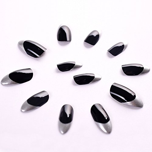 Bling Art Stilett Falsche Nägel Acryl Schwarz Silber Medium Tipps UK - 4