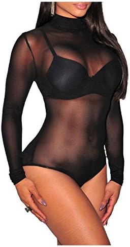 Comfylot Ltd® Womens Ladies Mesh Polo Sheer Turtle Neck High Neck Long Sleeve Leotard Bodysuit (One Size: Regular, Black)