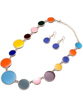 Frauen Multicolor Kreis Geometrie Halskette Anhänger vergoldet Ohrringe Legierung Schmuck Set Körper Kette