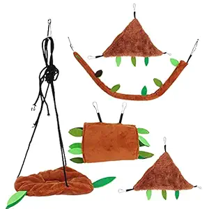 Leaf Hanging Hammock, Pet Hanging Bed Stump Tunnel Triangle Hammock with Long Cableway for Hamster for Small Animal(Brown Five-Piece Suit)