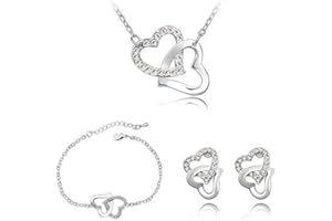 FDEETY Schmuckset Silber 925 Damen Glanz Kristall Herzform Kette Halskette Ohrringe Armband Schmuck Sets Geschenke für Frauen