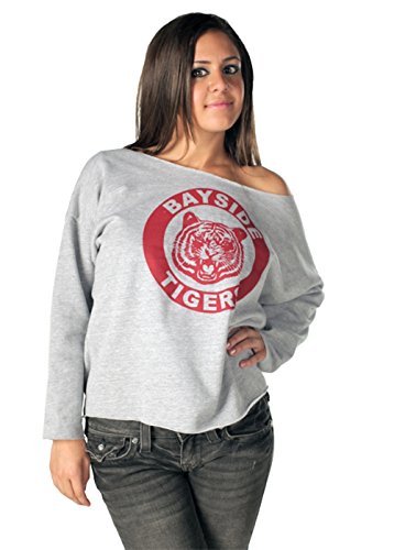 Saved by the Bell Kelly Kapowski Bayside Tigers Off the Shoulder Gray Juniors Sweatshirt (Juniors Large)