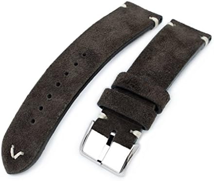 22mm MiLTAT Dark Brown Genuine Nubuck Leather Watch Strap, Beige Stitching, Polished Buckle
