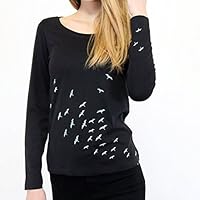 Shirt Vögel, schwarz, Langarm, Damenshirt, Girly, Siebdruck, Vogelschwarm, Biobaumwolle, Fair Wear, Organic, GOTS