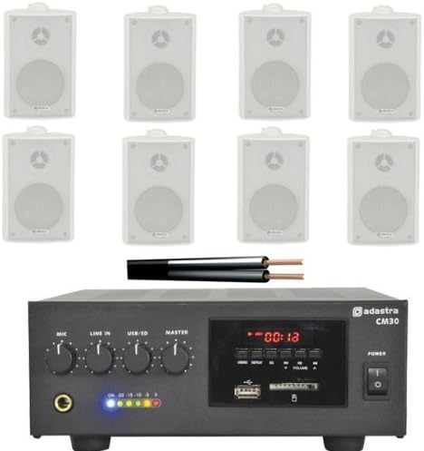Outdoor PA System with 8 Wall Speakers, 60w Amplifier & Cable