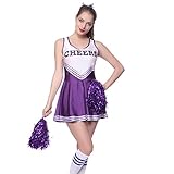 maboobie Tenue Complete Debardeur Jupe a Volant Pom-Pom Girls Cheerleader Violet av/ 2 Pompons XS (26-28)