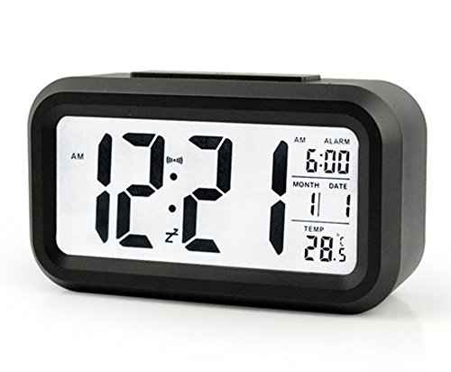 BXT Fashion Smart Slient Digital LCD Alarm Clock with Temperature Display, Calendar, 24/12 hour Conversion, Repeating Snooze, Ascending Alarm, Sensor Light White Backlight+LED Blue Night Light