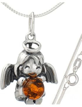 Schutzengel Bernstein Anhänger mit Schlangenkette 45 cm aus 925er Silber#417