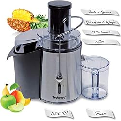 Techwood TCFI-1050, Extracteur de Jus Grande Puissance (1000 W) et 2 Vitesses-Large Bouche (75 mm), Pieds Anti-Dérapants-Centrifugeuses Fruit et Legume Presse Agrume, INOX/Noir