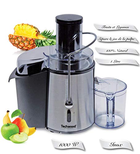 Techwood TCFI-1050, Extracteur de Jus Grande Puissance (1000 W) et 2 Vitesses-Large Bouche (75 mm), Pieds Anti-Dérapants-Centrifugeuses Fruit et Legume Presse Agrume, INOX/Noir