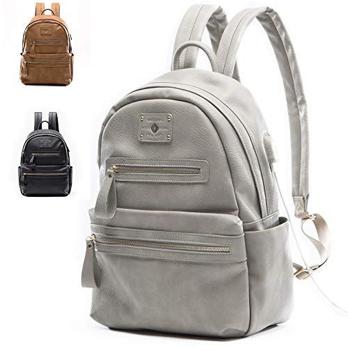 miss fong Rucksack Damen, PU Lederrucksack Damen Rucksack Laptop Rucksack mit USB-Ladegerät und Isolierte Tasche(Grau)
