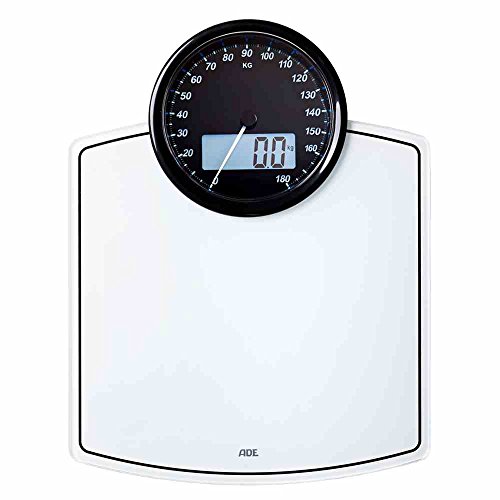 ADE Digitale Personenwaage BE 1500 Luna. Elektronische Badezimmerwaage mit analoger und digitaler Anzeige mit Hintergrundbeleuchtung. Zur genauen Gewichtsbestimmung bis 180 kg. Inkl. Batterie. Weiß