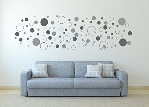 Wandtattoo 100 bunte Kreise - zweifarbig, dunkelgrau grau, anthrazit selbstklebend in Wunschfarben - Punkte, Dots, Wandaufkleber Wandtatoos Sticker Aufkleber für die Wand, Fensterbild, Tapetensticker, Türaufkleber, Tattoo aus Markenfolie - aus 32 Farben wählen