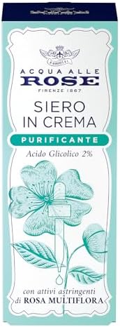 Acqua alle Rose, Siero Viso in Crema Fluida Purificante, Concentrato Attivo di Acido Glicolico (2%) e Attivi Astringenti di Rosa Multiflora, Pelli Impure e Miste, Purifica, Esfolia e Reidrata - 30 ml
