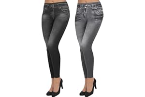 ShopINess Pack de 2 Jeggings Mujer Colores Mixtos Azul Negro Gris Leggings Vaqueros con Bolsillos Reales Efecto Push Up Forro Interior Slim Fit