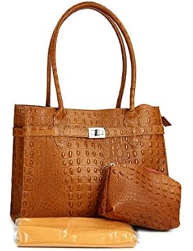 BELLI® Leder Set 3in1 cognac braun kroko - Handtasche + Kosm. Tasche + Tuch