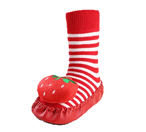 Moolecole Baby Boy Girl Toddlers Kids Indoor Slippers Shoe Socks Moccasins ANTI Skid Red Strawberry Cute Floor Stocking 16cm