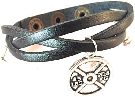 Sport Adjustable Black Leather Bracelet with a dumbbell and Kettlebell, A Disc – Man, Woman and Child Mode Theme Sport, Fitness, Weight Lifting, Crossfit, WOD