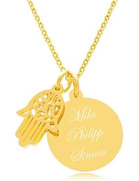 Timando Damen Kette mit Gravur Hand der Fatima Anhänger vergoldet rundes Plättchen Edelstahl | Buchstaben, Name...