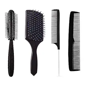 E-DUNIA Best Hair Brush Combo of Black Carbon Rat Tail comb With Steel handle, Round Hair Comb, Paddle Hair Brush with Soft Nylon Bristles & Simple Normal use Brush for Women and Men