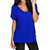 Janisramone Womens Baggy Fit V Neck Top Ladies Turn Up Sleeve Loose Batwing Short Cap Sleeve