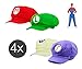 Produktbild TK Gruppe Timo Klingler Set Mario Super Zubehör Kostüm Verkleidung Accesoire Luigi Wario Waluigi Mario Mütze Cap Kappe Schildmütze für Fasching Karneval Verkleiden für Herren Damen (4X Mützen)