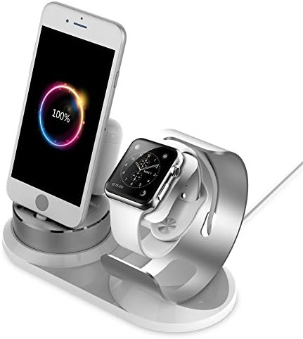 RuyTos iPhone Charge Stand, 4 in 1 Aluminum alloy Stand for AirPods/ Apple Watch/ iPad Mini/ iPhone X, iPhone 8, iPhone 7, iPhone 5/6(S), iPhone 5/6/7/8 (S)Plus, iPhone SE &amp; etc (Silver without Cable)