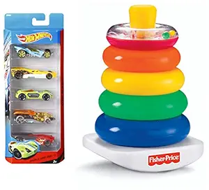 Hot Wheels Five Car Gift Pack Assortment Colors and Designs Might Vary + Fisher-Price Brilliant Basics Rock-a-Stack