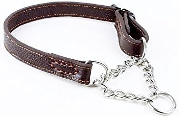 Strimm Humane Training Half Semi Choke Soft Leather Chain Dog Martingale Collar for Control Medium Breed Dog
