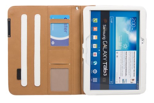 Juppa® Executive Leder Hülle Tasche mit Premium Interieur Leder umfasst Ständer Feature, Kartenhalter, Displayschutzfolie, Tragegurt und Eingabestift Kugelschreiber für Samsung Tab 3 10.1 Inch GT P5200 P5210 Tablet (Weiß / White) - 2