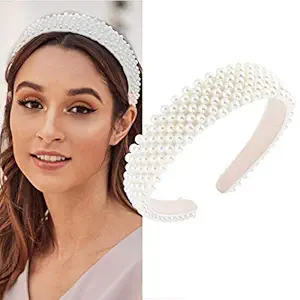 AWAYTR Womens Polyester Pearl Beaded Wide Party Headwear Wedding Hair Hoop Elegant Hairband Headbands (White, S) for Girls and Women