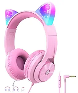 iClever Kids Headphones for Girls Gift Over Ear Headphones with Microphone/Shareport, Wired Cat Ear Led Light Up Headphones,94dB Volume Limited, Foldable Headphones for Kids Girls Birthday Gifts/School/iPad/Kids Tablet/Travel Pink