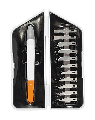 Fiskars Kit Premium de precisión, Cúter de precisión y Set de 13 Cuchillas, Longitud total: Cúter: 21 cm, Incl. 12 Cuchillas, Acero de calidad/Plástico, Blanco/Naranja, 1024384