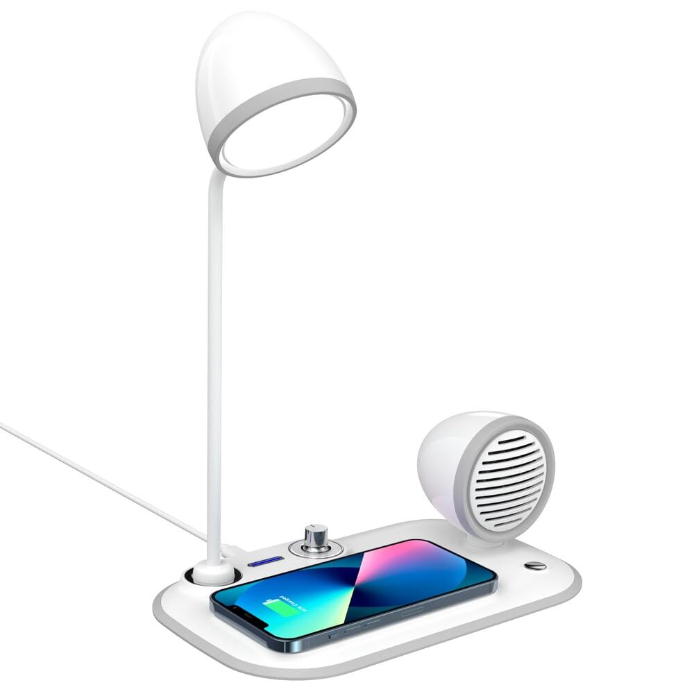 ADOFYS Multipurpose 3 in 1 Desk Lamp with 15w Wireless Charger and Bluetooth Speaker & Mic for Calls | 360° Adjustable Lamp, 3 Color Lights, Brightness Control Button (White)