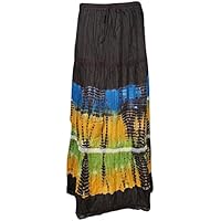 Mogul Interior Womens Maxi Skirt Tie Dye Cotton Tiered Gypsy Boho Gypsy Long Skirts S/M Black