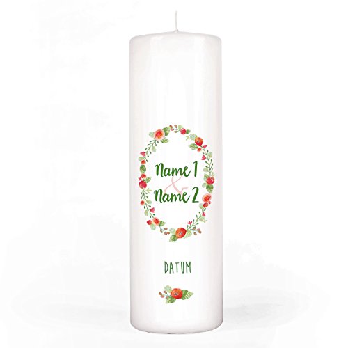 geschenke-online Hochzeitskerze mit Beschriftung der Namen des Paares und Datum mit Blütenkranz