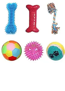 PSK Chew Teether Toys for Dog, Puppy | Bone | 2 Knot | Led Ball | Rattle Ball | Paw Print Ball | Spike Bone - Combo of 6