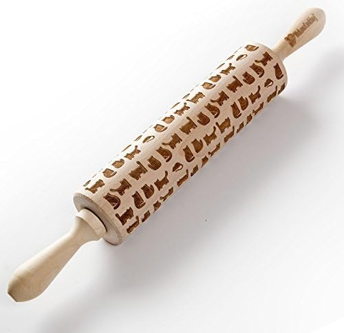 Cat Rolling Pin - Engraved Beechwood - Embossed Patterned Pin - 17 Inch With Handle - Metal Rod for Smooth Rolling