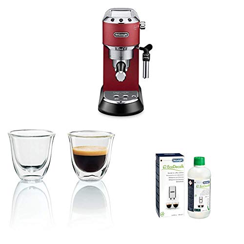 Kavos aparatai De'Longhi Dedica EC 685.R Espresso Siebträgermaschine, Rot +  Isolierte Espresso-Glas 2er Set + Entkalker | Universal Kalklöser für