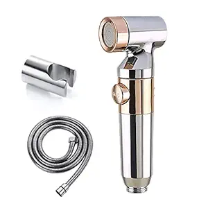 ZAP Ultra ZX1034 Health Faucet Handheld Toilet Jet Spray with 1.5 m Stainless Steel Tube and Wall Hook-Chrome Finish Bidet with Hose and Holder/Clutch Set (Chrome Gold)