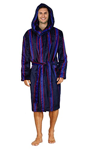 (XL / XXL, Navy / Blue / Red (Hooded)) - Mens Supersoft Housecoat Fleece Bath Robe Dressing Gown Gents Warm Winter Style