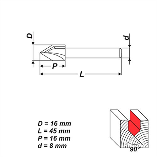 HM V – Nutfräser Holzfräser Fräser Nuter 90° D 16 mm Schaft 8 mm – RP-V - 5