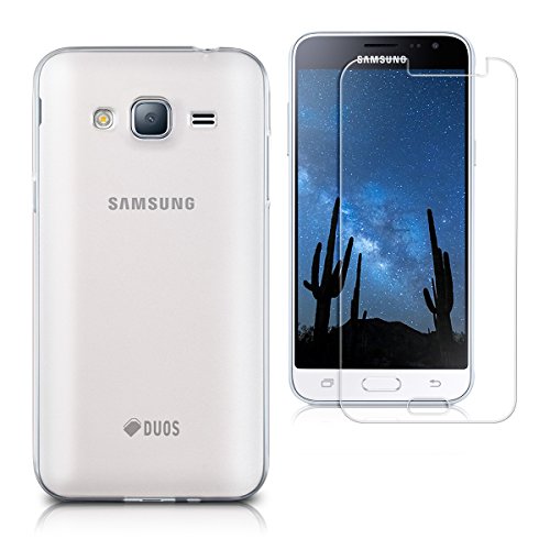kwmobile 2in1 Set: Crystal Case HÃ¼lle + Panzerglas Displayschutzfolie fÃ¼r Samsung Galaxy J3 (2016) DUOS aus TPU Silikon - transparente SchutzhÃ¼lle Cover klar in Transparent